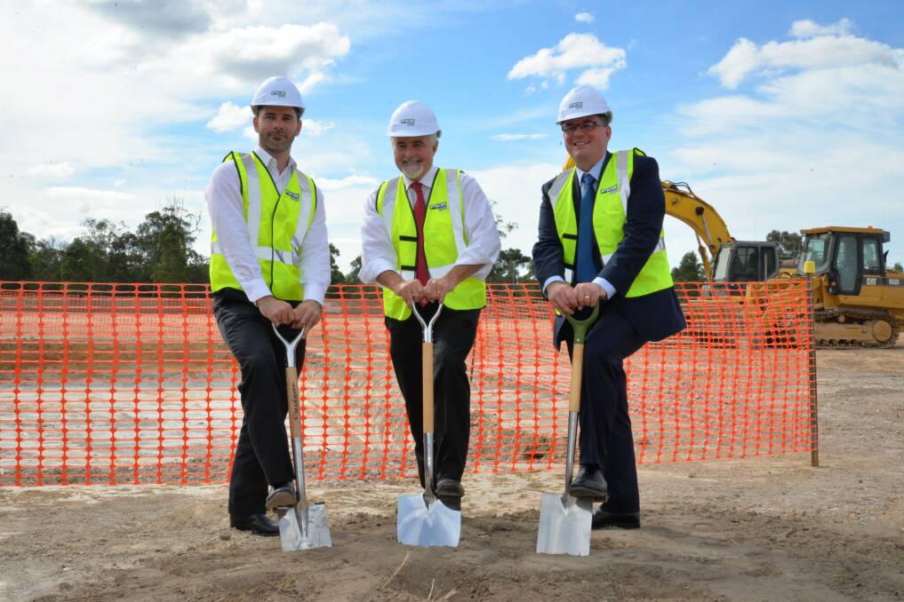 START: Nick Gardner, Managing Director FKG Group, Mark Hooper, CEO Sigma Pharmaceuticals and Cr Luke Smith, Mayor of Logan at the official sod turning ceremony to mark the beginning of construction of Sigma Pharmaceuticals $65 million distribution centre in Berrinba.